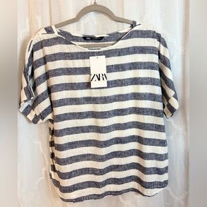 Zara Navy and White Striped Women's Linen Top | New with Tags 🤗🥰